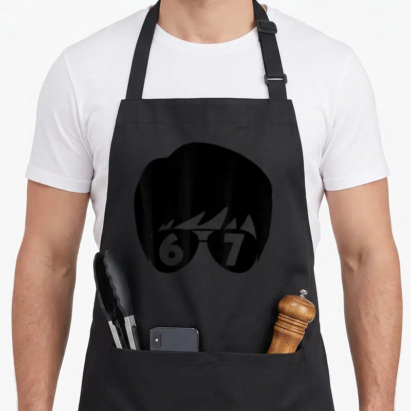 Tablier de cuisine noir avec illustration de cheveux et lunettes portant les chiffres 6 et 7 en gris clair.