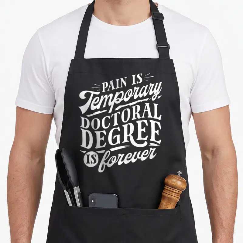 Tablier de cuisine noir avec typographie blanche « Pain is Temporary Doctoral Degree Is Forever » au centre.