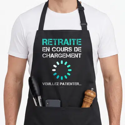 Tablier de cuisine noir avec inscription Retraite en cours de chargement et icône de progression turquoise