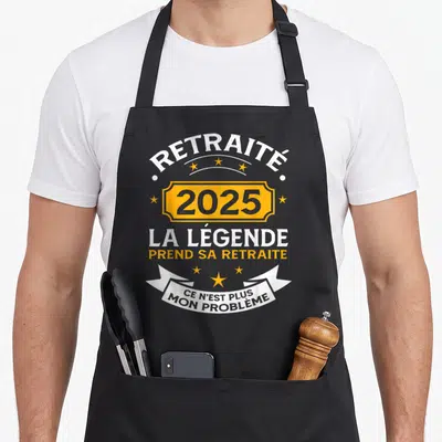 Tablier de cuisine noir avec inscription RETRAITÉE 2025 LA LÉGENDE PREND SA RETRAITE et banderole CE N'EST PLUS MON PROBLÈME.