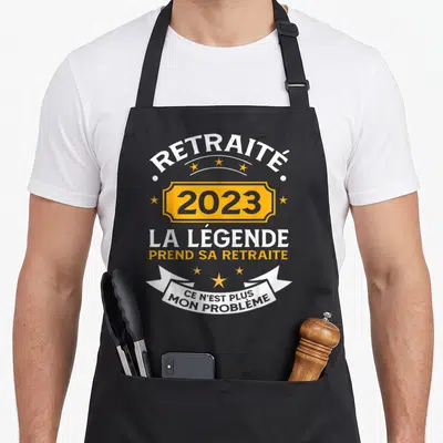 Tablier de cuisine noir avec inscription Retraité 2023 la légende prend sa retraite ce n'est plus mon problème.