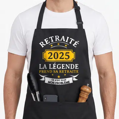 Tablier de cuisine noir avec texte retraité 2025 la légende prend sa retraite et ce n'est plus mon problème.