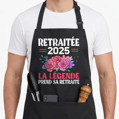 Tablier de cuisine noir avec texte Retraitée 2025 La Légende Prend Sa Retraite et bouquet de roses colorées.
