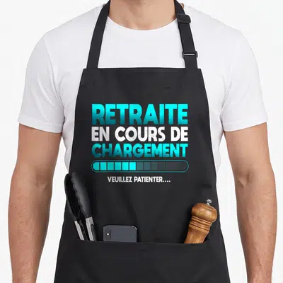 Tablier de cuisine noir avec texte bleue et blanche Retraite en cours de chargement et barre de progression.
