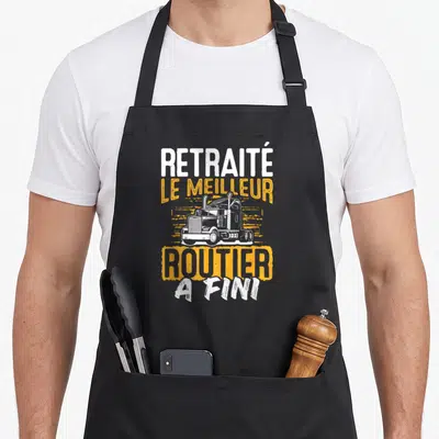 Tablier de cuisine noir avec illustration de truck et texte Le Meilleur Routier A Fini en orange et blanc.