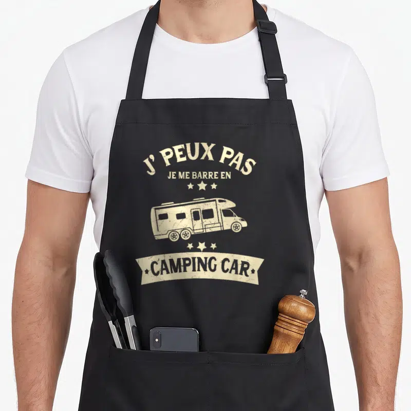 Tablier de cuisine noir avec inscription Je peux pas je me barre en camping car et illustration de véhicule vintage beige.
