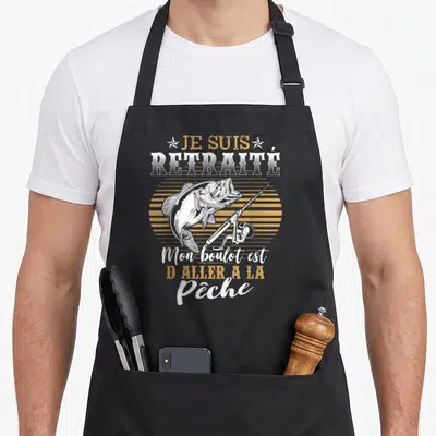 Tablier de cuisine noir avec illustration de brochet et texte Je suis retraité mon boulot est d'aller à la pêche.