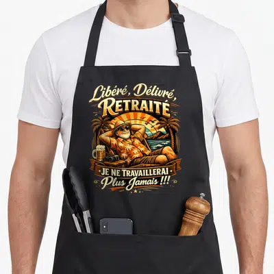 Tablier de cuisine noir avec illustration d'un retraité relaxant sous les palmiers et une bière.