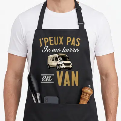 Tablier de cuisine noir avec illustration de van beige et texte J'peux pas je me barre en van