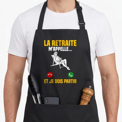 Tablier de cuisine noir avec texte jaune et silhouette blanche assise sur chaise longue entre deux icônes téléphoniques.