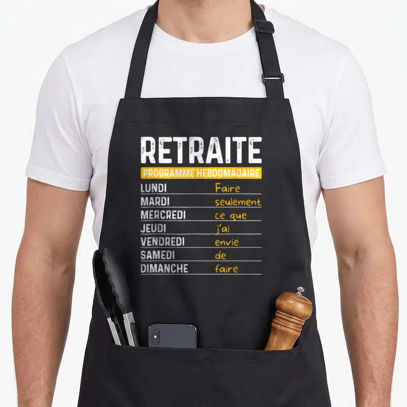 Tablier de cuisine noir avec texte blanc et jaune listant un programme hebdomadaire de loisirs et de détente.