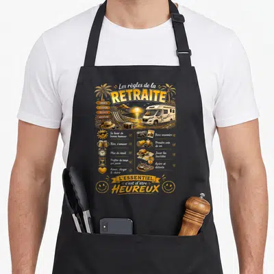 Tablier de cuisine noir avec illustration Les règles de la retraite, camping-car et liste de plaisirs dorée.