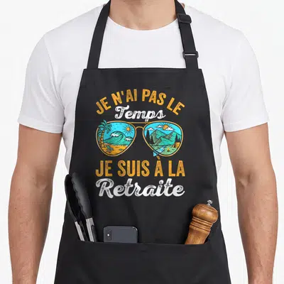 Tablier de cuisine noir avec inscription Je n'ai pas le temps et lunettes de soleil illustrées.