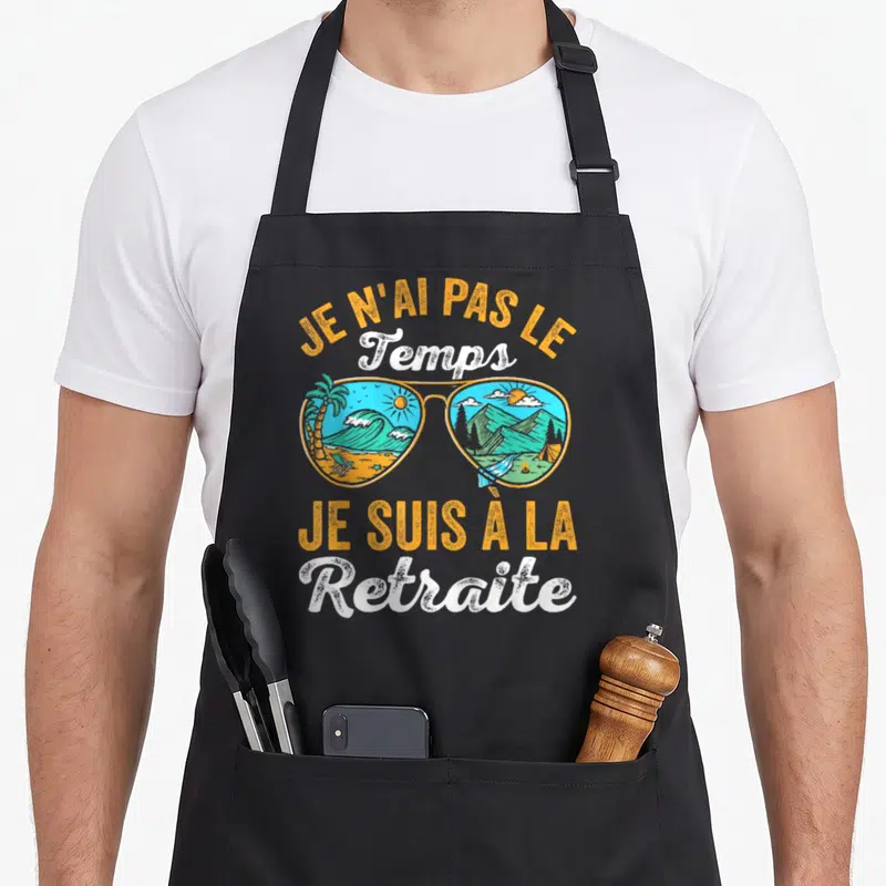 Tablier de cuisine noir avec inscription Je n'ai pas le temps et lunettes de soleil illustrées.