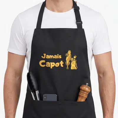 Tablier de cuisine noir avec illustration orange d'un pêcheur tenant un poisson et le texte Jamais Capot.