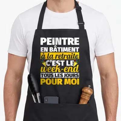 Tablier de cuisine noir avec texte Peintre en bâtiment à la retraite C'est le week-end tous les jours pour moi et confettis jaunes.