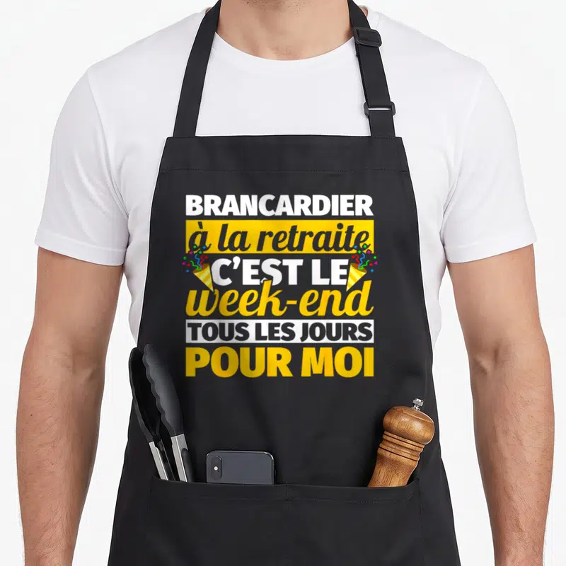 Tablier de cuisine noir avec texte brancardier à la retraite week-end tous les jours pour moi et confettis.