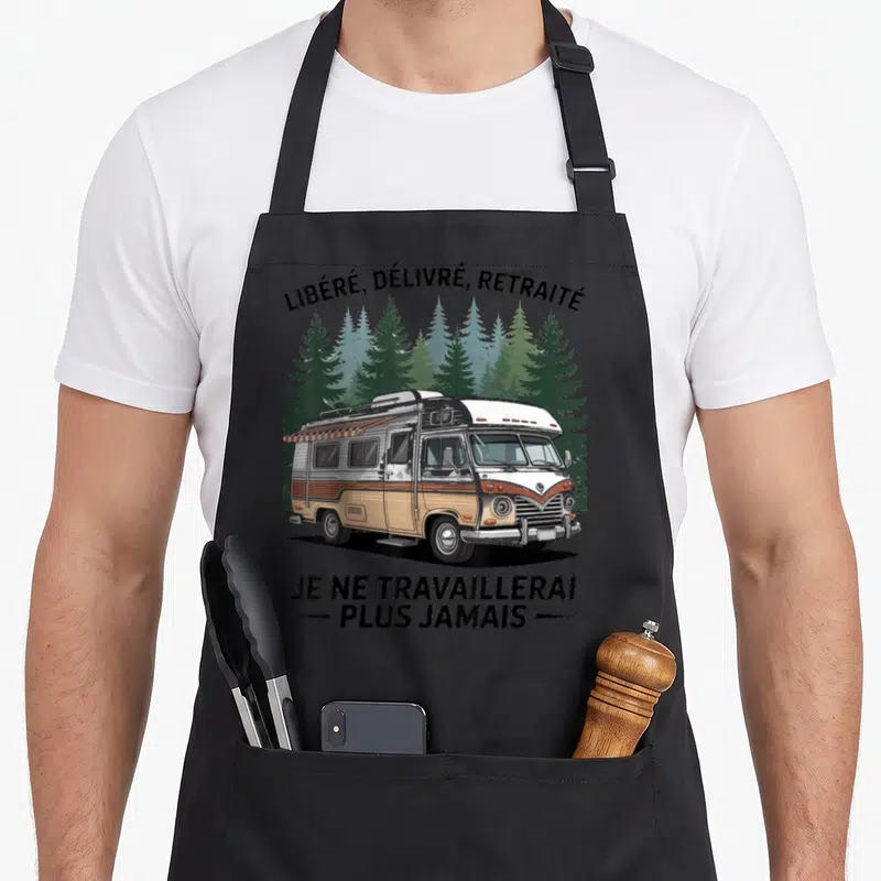Tablier de cuisine noir avec illustration camping-car vintage et texte libéré délivré retraité je ne travaillerai plus jamais.