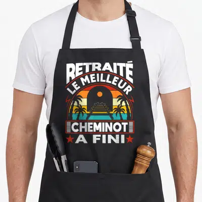 Tablier de cuisine noir avec motif rétro Cheminot retraité rails et palmiers colorés
