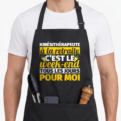 Tablier de cuisine noir avec inscription jaune et blanche Kinésithérapeute à la retraite week-end tous les jours pour moi orné de confettis.