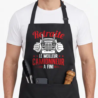 Tablier de cuisine noir avec illustration de truck blanc et texte rouge Retraite Le meilleur camionneur a fini
