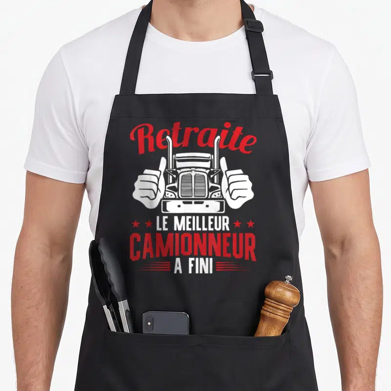 Tablier de cuisine noir avec illustration de truck blanc et texte rouge Retraite Le meilleur camionneur a fini