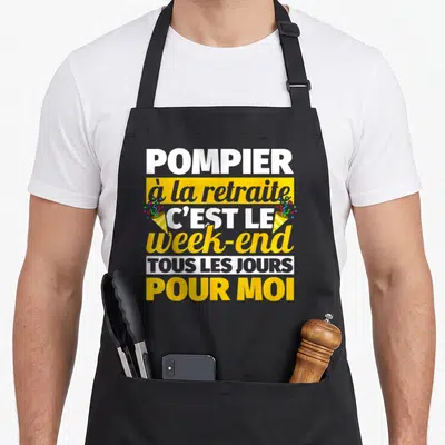 Tablier de cuisine noir avec inscription Pompier à la retraite c'est le week-end tous les jours pour moi et confettis colorés.