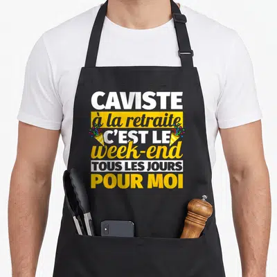 Tablier de cuisine noir avec texte blanc et jaune caviste à la retraite c'est le week-end tous les jours pour moi orné de confettis.
