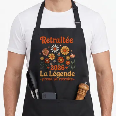 Tablier de cuisine noir avec bouquet floral coloré et texte Retraitée 2026 La Légende prend sa retraite imprimé en orange.