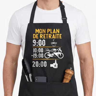 Tablier de cuisine noir avec schedule humoristique Motard Retraite Moto Cross Bière Café