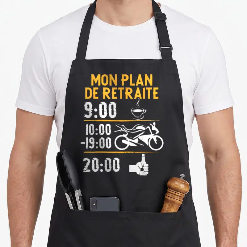 Tablier de cuisine noir avec schedule humoristique Motard Retraite Moto Cross Bière Café