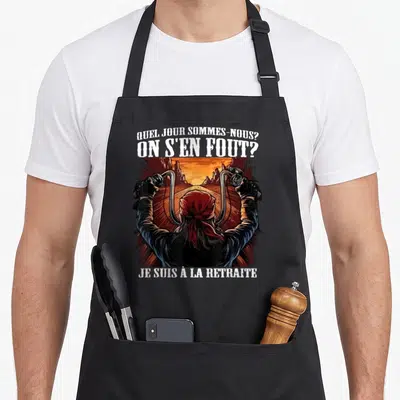 Tablier de cuisine noir avec illustration de dos de motard et texte blanc Quel jour sommes-nous on s'en fout je suis à la retraite