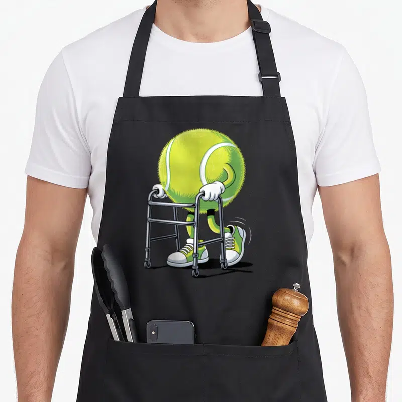 Tablier de cuisine noir avec balle de tennis anthropomorphée utilisant un déambulateur métallique et des chaussures de sport vertes.