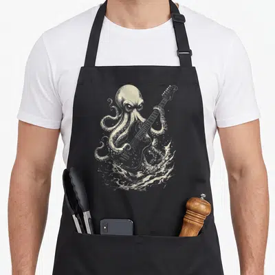 Tablier de cuisine noir avec illustration d'une pieuvre jouant de la guitare électrique dans des flots.