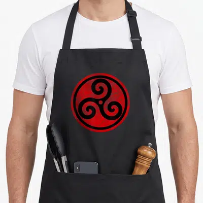 Tablier de cuisine noir avec emblème circulaire rouge et spirales noires triskele