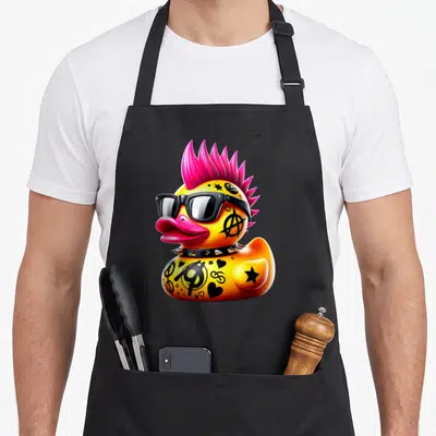 Tablier de cuisine noir avec un canet punk aux cheveux roses et tatouages anar.