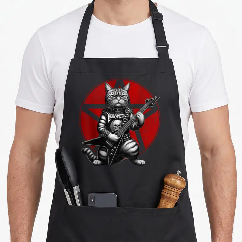 Tablier de cuisine noir avec illustration d'un chat heavy metal jouant d'une guitare à tête de mort sur fond de pentagramme rouge.