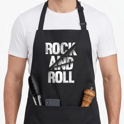 Tablier de cuisine noir avec l'inscription Rock and Roll en typographie blanche usée et coupée par une ligne diagonale noire.