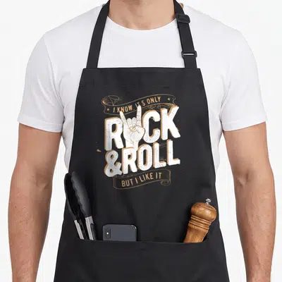Tablier de cuisine noir avec l'inscription Rock & Roll en blanc et une main faisant le signe des cornes en orange.