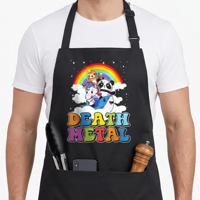 Tablier de cuisine noir avec illustration arc-en-ciel licorne panda chat dauphin et texte Death Metal multicolore.