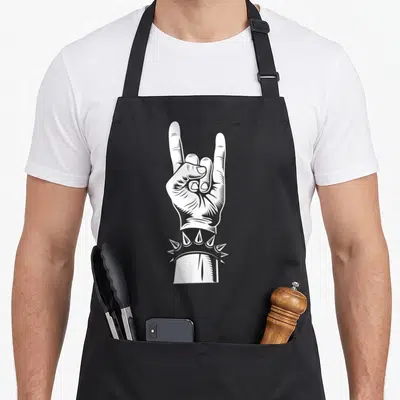 Tablier de cuisine noir avec illustration d'une main faisant le signe des cornes et un bracelet à pointes.