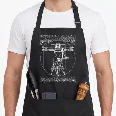 Tablier de cuisine noir avec illustration blanche de l'Homme de Vitruve tenant une guitare électrique.