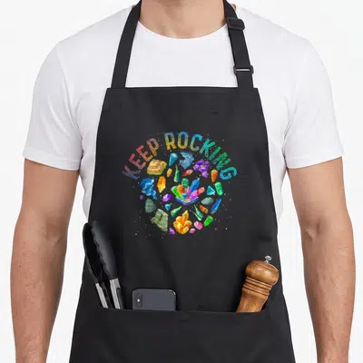 Tablier de cuisine noir avec inscription Keep Rocking et illustration de minéraux multicolores dispersés sur le devant.
