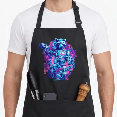 Tablier de cuisine noir avec illustration des Gardiens de la Galaxie et Rocket Raccoon en bleu et magenta.