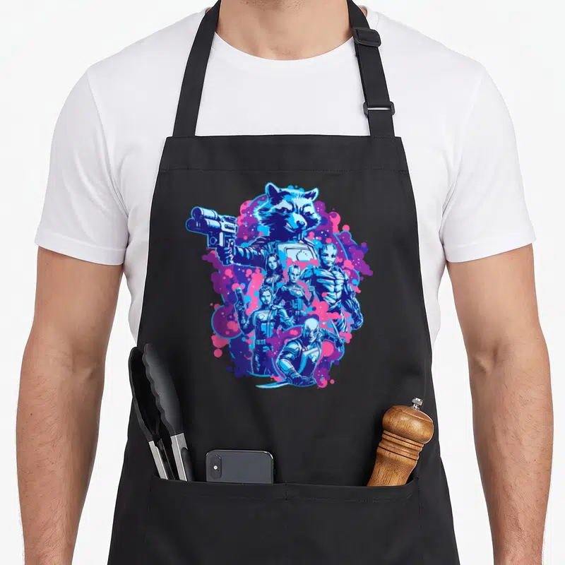 Tablier de cuisine noir avec illustration des Gardiens de la Galaxie et Rocket Raccoon en bleu et magenta.