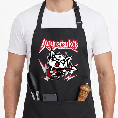 Tablier de cuisine noir avec Aggretsuko en guitariste rock aux yeux noirs et guitare rouge.