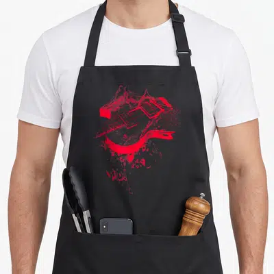 Tablier de cuisine noir avec une illustration rouge d'une guitare électrique en éclaboussure liquide.