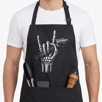 Tablier de cuisine noir avec illustration blanche d'une main de squelette tenant une guitare électrique.