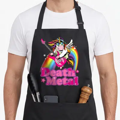 Tablier de cuisine noir avec une licorne aux cheveux multicolores jouant d'une guitare électrique rose devant un arc-en-ciel et le texte Death Metal 1.