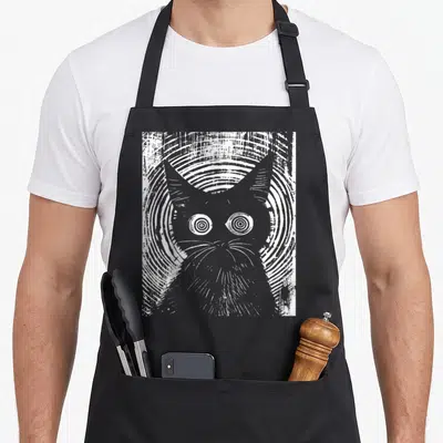 Tablier de cuisine noir avec illustration blanche d'un chat aux yeux en spirale et motifs concentriques.